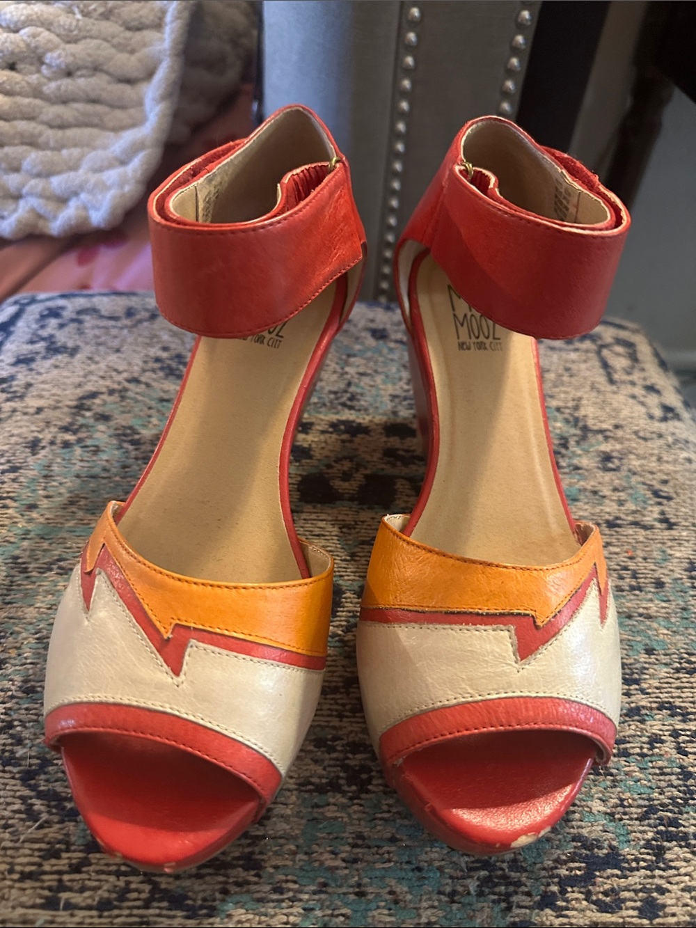 Miz Mooz Red, Orange & Cream Colorblock Ankle-Strap Peep-Toe Heels